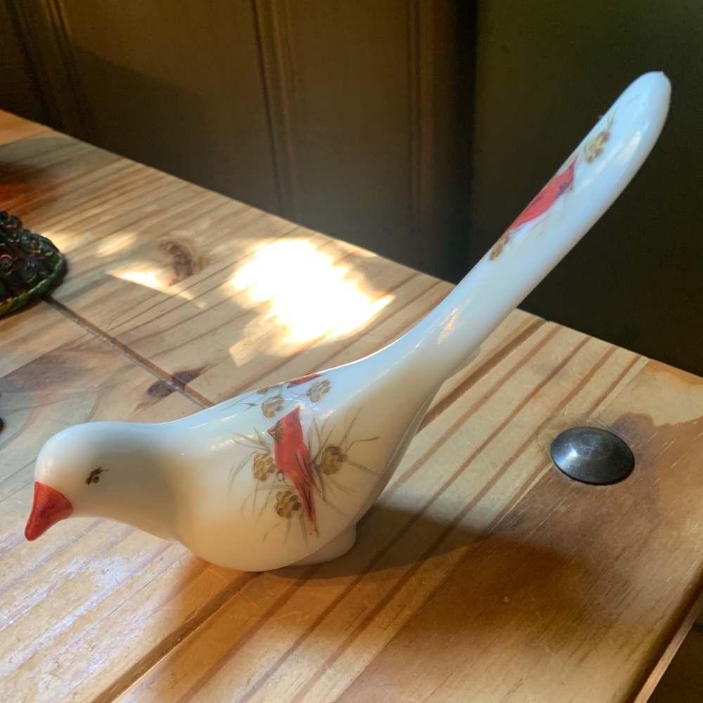 Fenton Milk Glass Long Tail Bird of Happiness Hand Painted Red Cardinals Signed